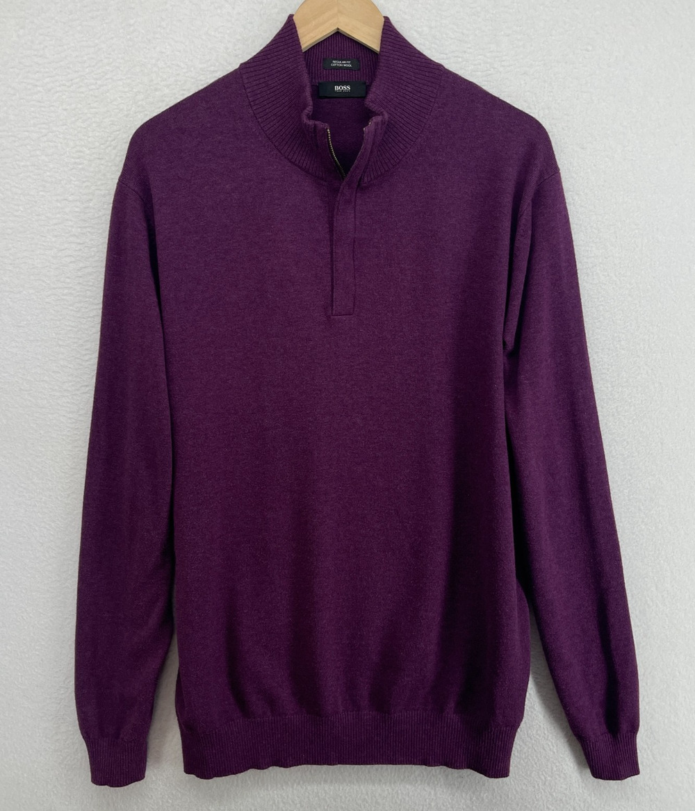 HUGO BOSS Sweater Mens 2XL Cotton Wool 1/4 Zip Elbow Patch Pullover Purple
